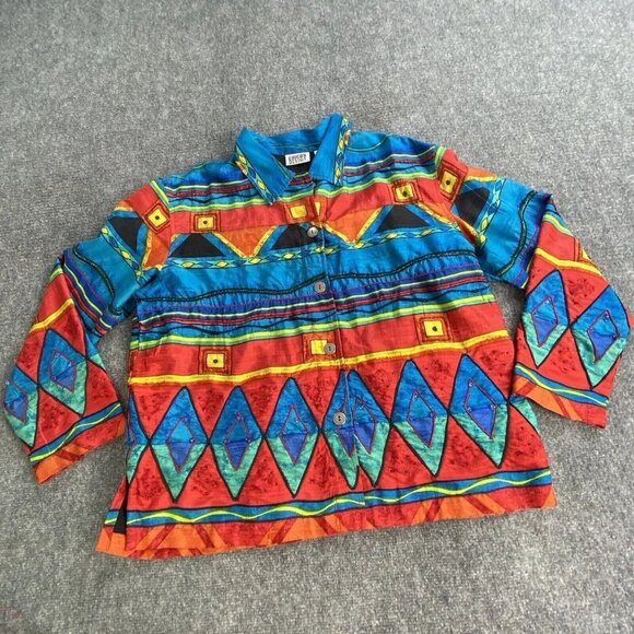 VTG Chico’s Jacket Womens 2 US L 12 Chinook Southwestern Aztec Beaded‎ Silk - Picture 1 of 16